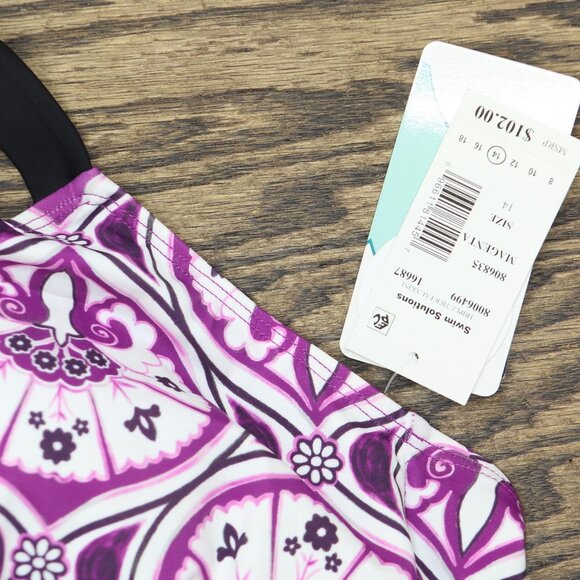 NWT Swim Solutions Printed Tiered Fauxkini One-Piece Swimsuit Magenta Purple 14 - Picture 7 of 8